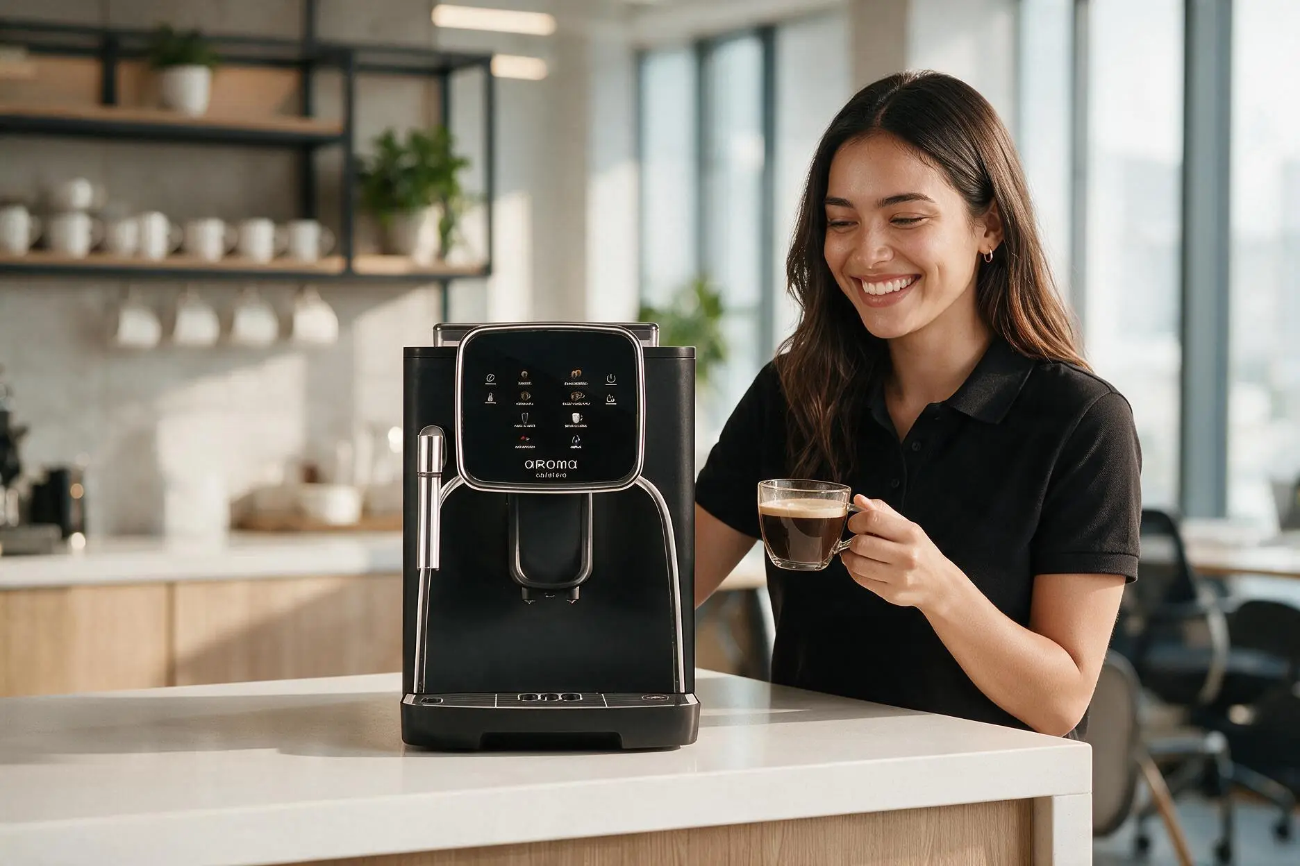 Persona disfrutando un café junto a una cafetera automática Aroma